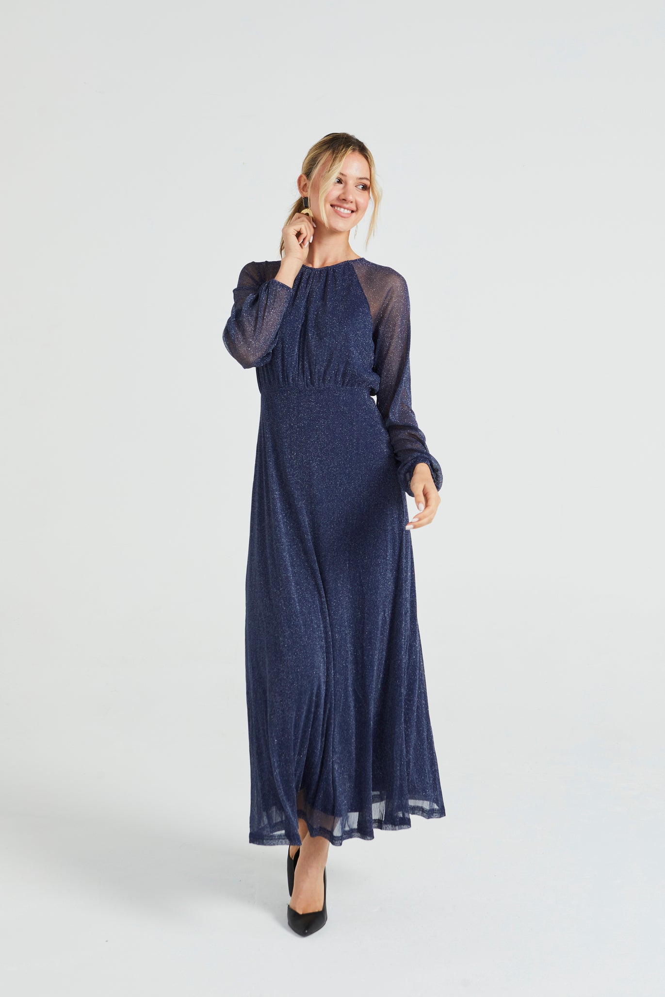 Angeleye Sparkly Lurex Flickering Chiffon Long Sleeve Maxi