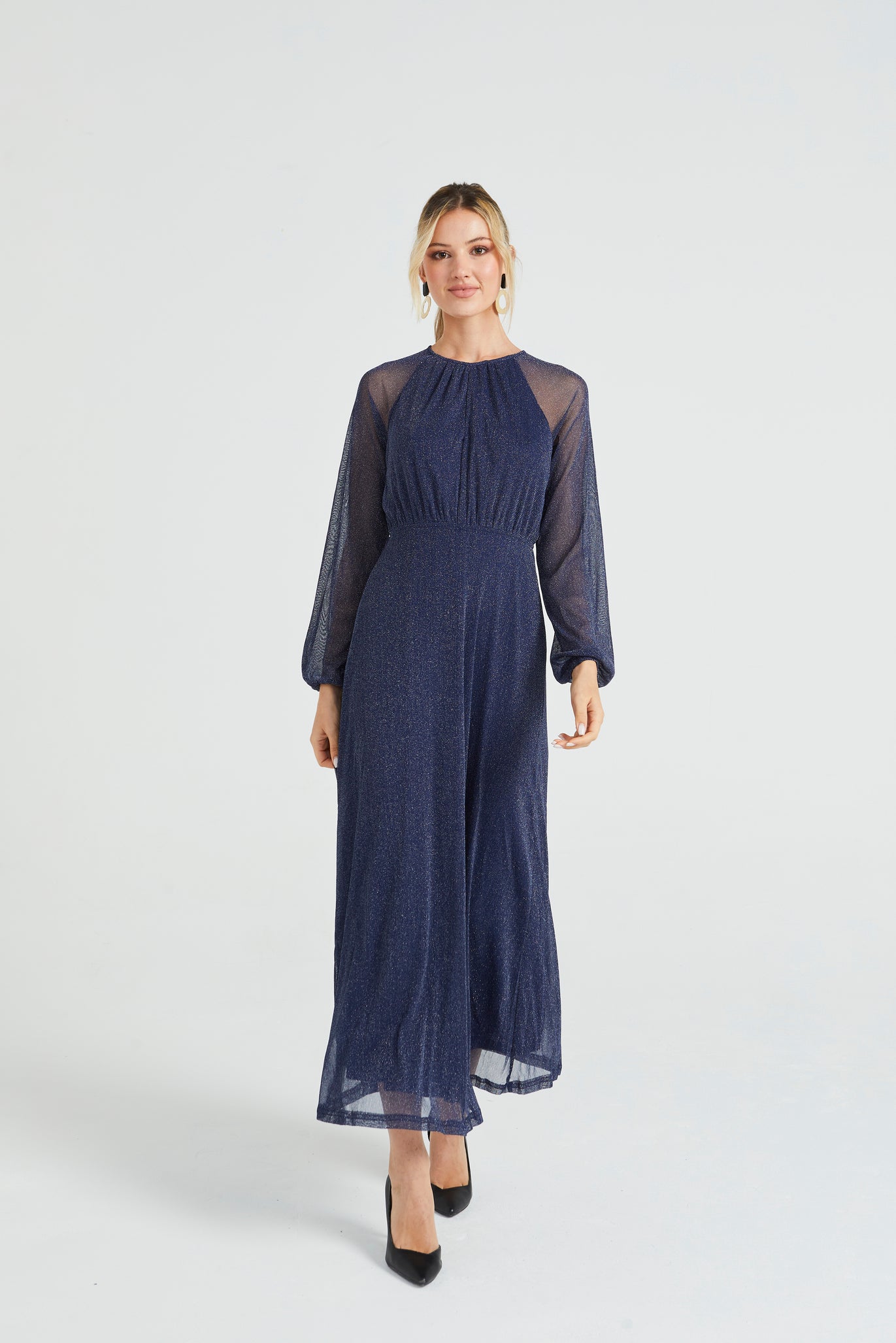 Angeleye Sparkly Lurex Flickering Chiffon Long Sleeve Maxi