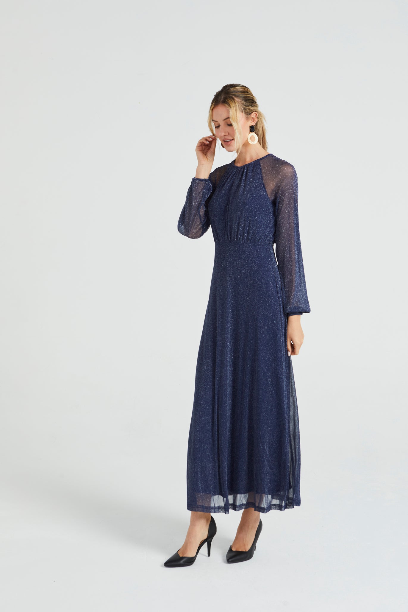 Angeleye Sparkly Lurex Flickering Chiffon Long Sleeve Maxi