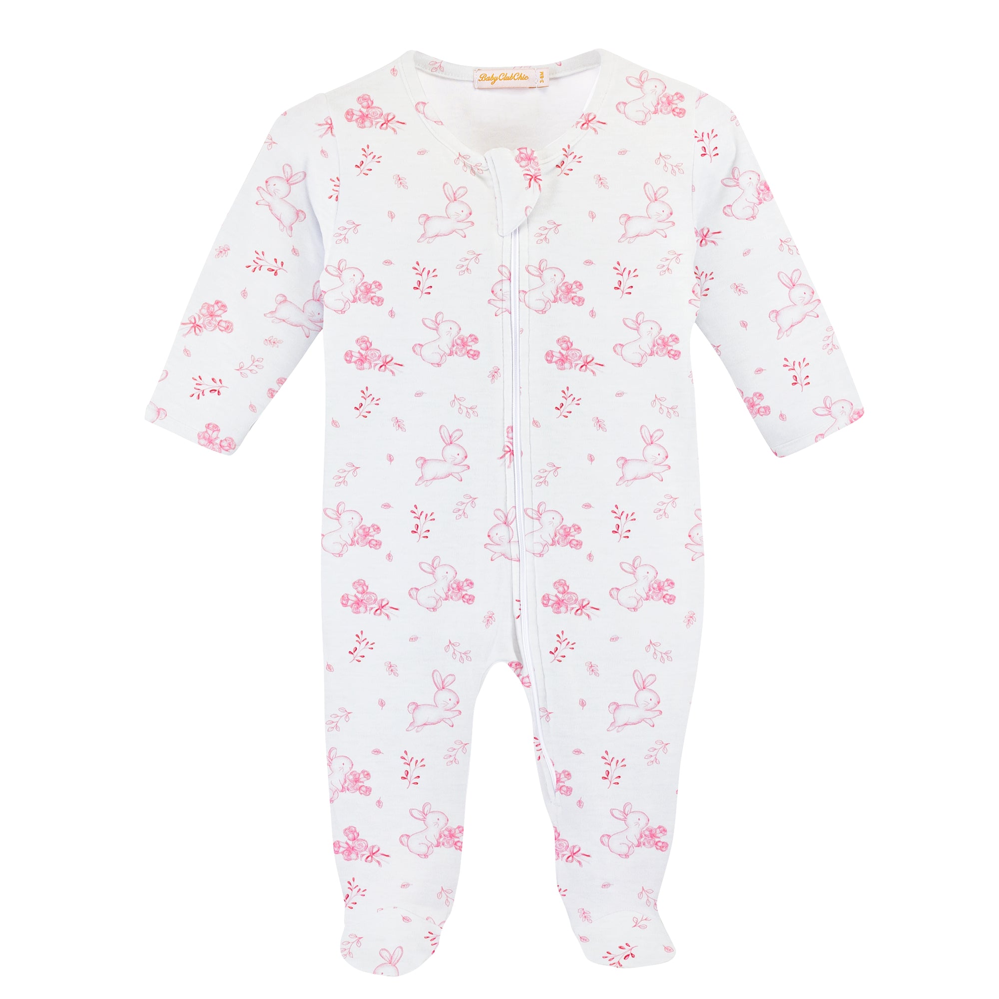 Baby Club Chic - Pink Baby Bunnies Zip Footie