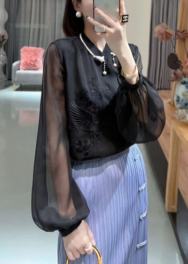 Black Solid Button Chiffon Blouses Stand Collar Lantern Sleeve QA1049