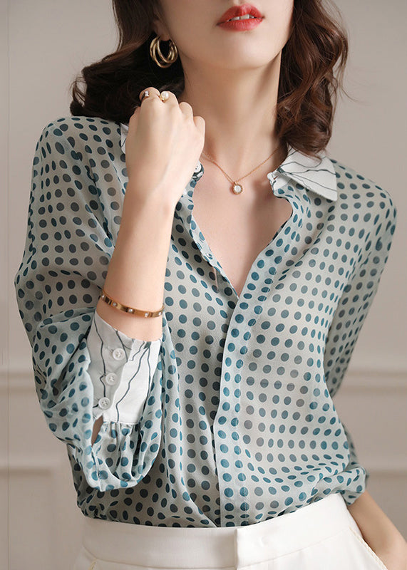 Blue Button Print Chiffon Shirt Peter Pan Collar Long Sleeve AS1098