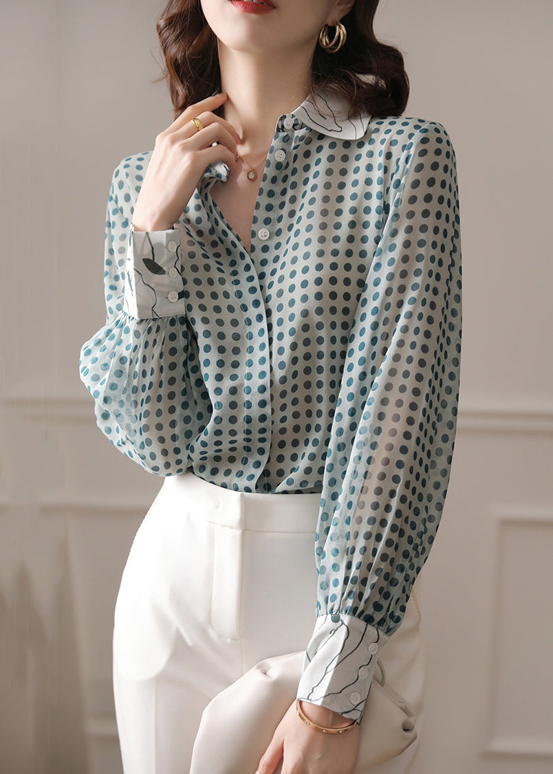 Blue Button Print Chiffon Shirt Peter Pan Collar Long Sleeve AS1098