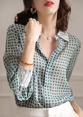 Blue Button Print Chiffon Shirt Peter Pan Collar Long Sleeve AS1098