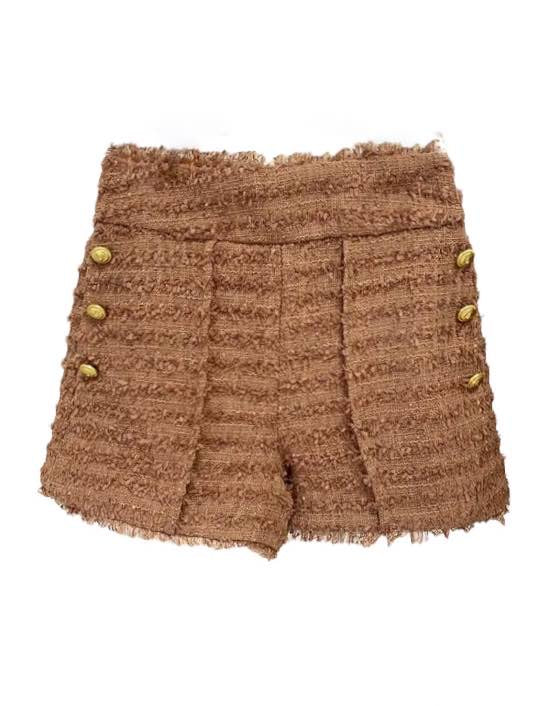 Brown Gold Button Tweed Shorts With Raw Edges