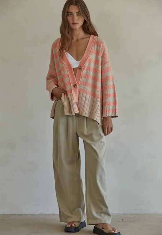 Candy Cloudy Striped Cardi - Taupe Coral