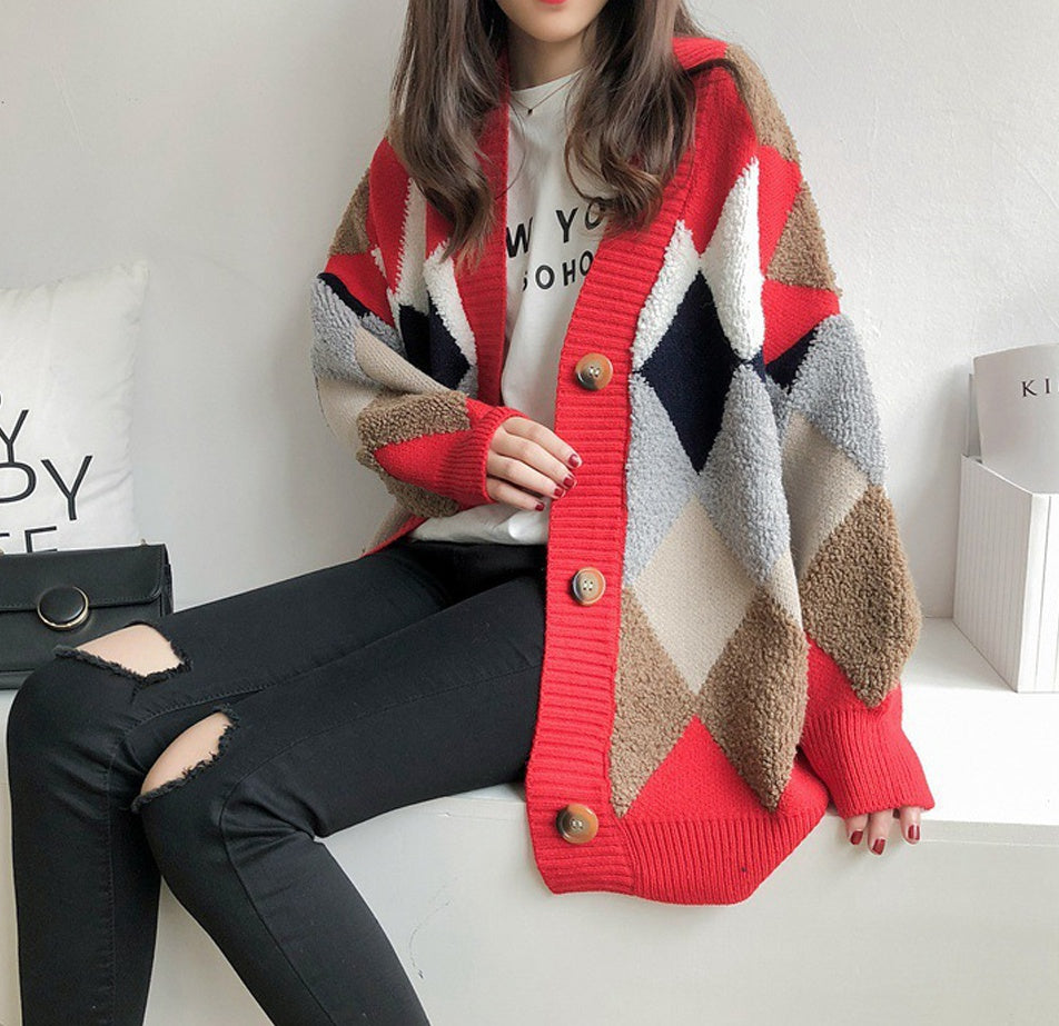 Casual V-neck Argyle Cardigans Womens Girls Korean England K-pop Style Winter Cozy Warm Loose fit Sweaters Tops Knit