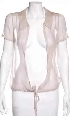 Chanel 04C 2004 Cruise Silk Chiffon Short Sleeve Sheer Drawstring Beige Ecru Blouse Top FR 36 US 2/4