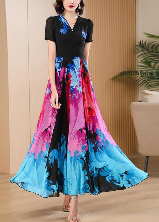 Elegant Black V Neck Print High Waist Chiffon Maxi Dresses Summer AS1085