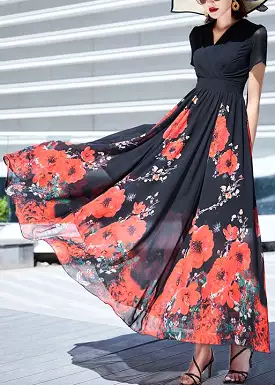 Elegant Black V Neck Print Wrinkled Chiffon Long Dresses Summer AS1002