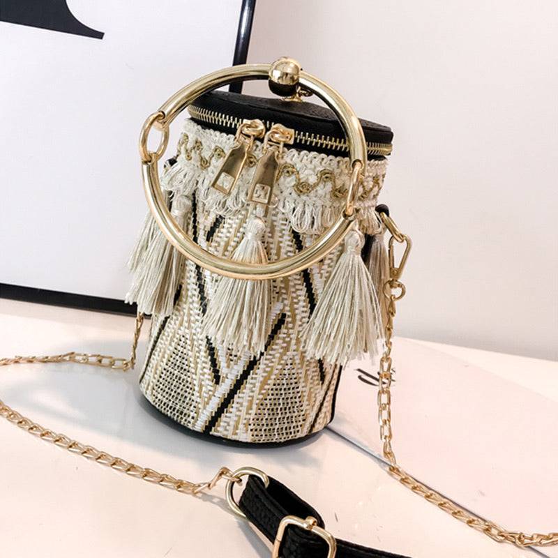 Ethnic Circular Knitted Tassel Handbag