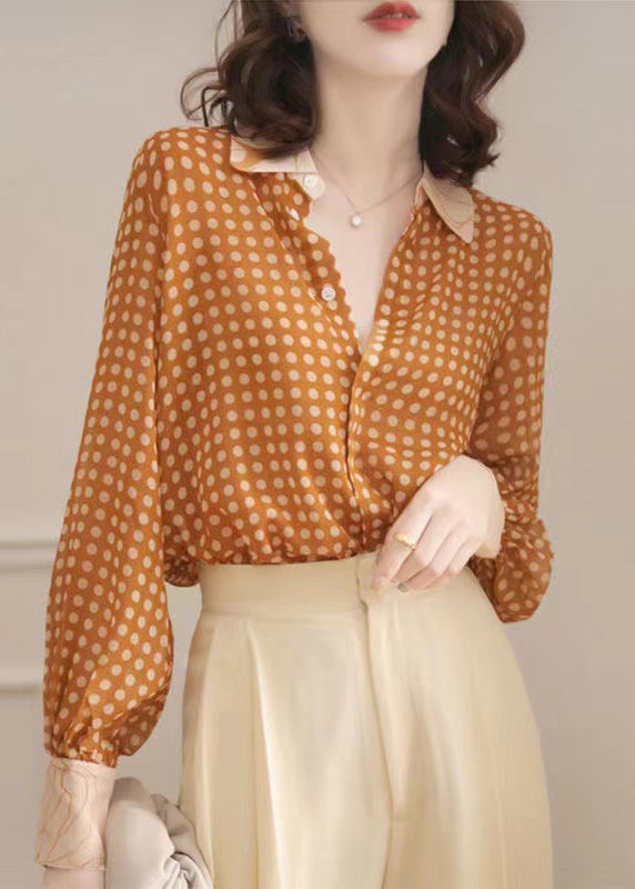 French Yellow Peter Pan Collar Dot Chiffon Blouse Spring AS1032