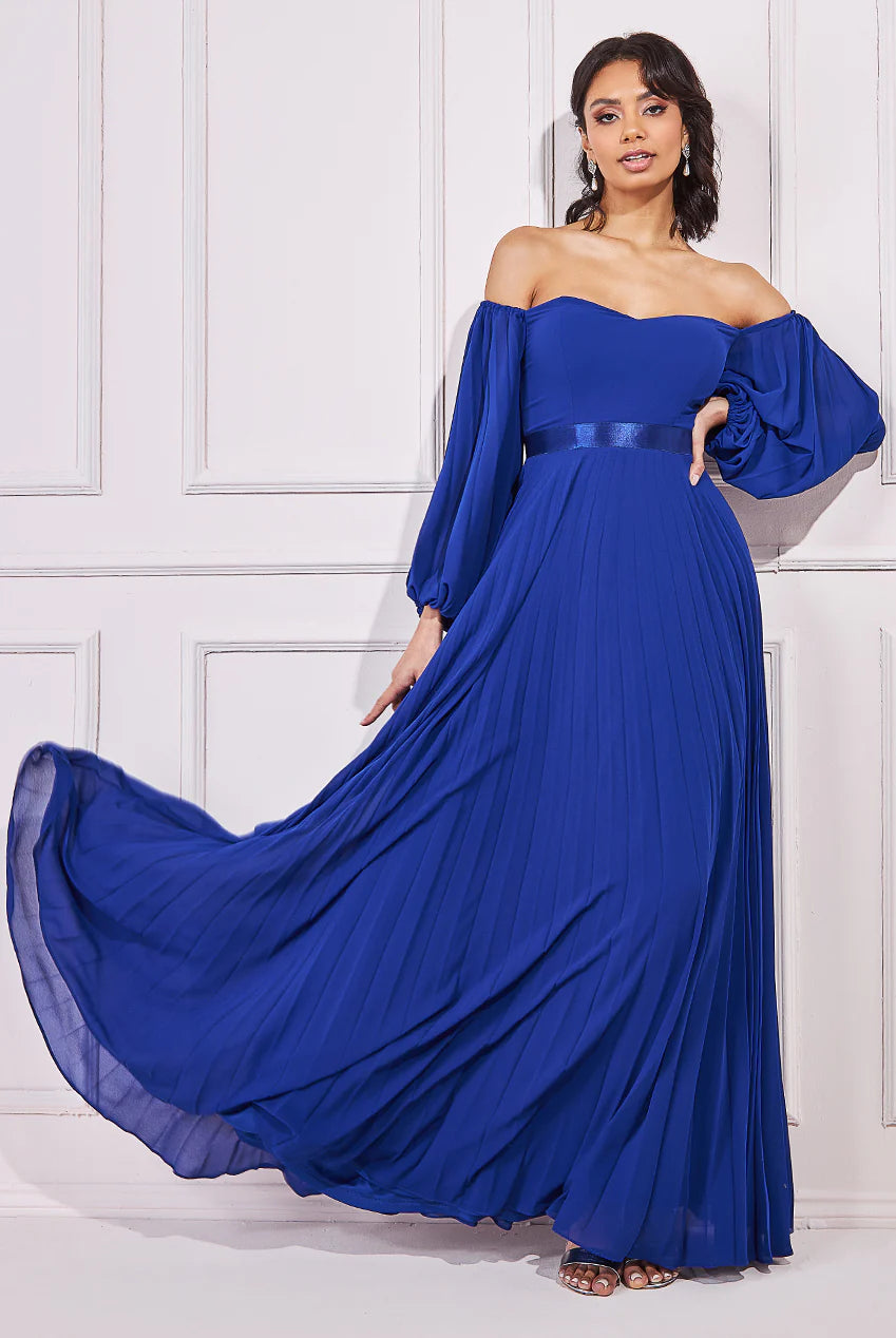 Goddiva Bardot Chiffon Pleated Maxi