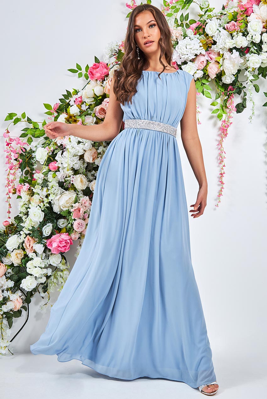 Goddiva Chiffon Maxi With Embellished Belt