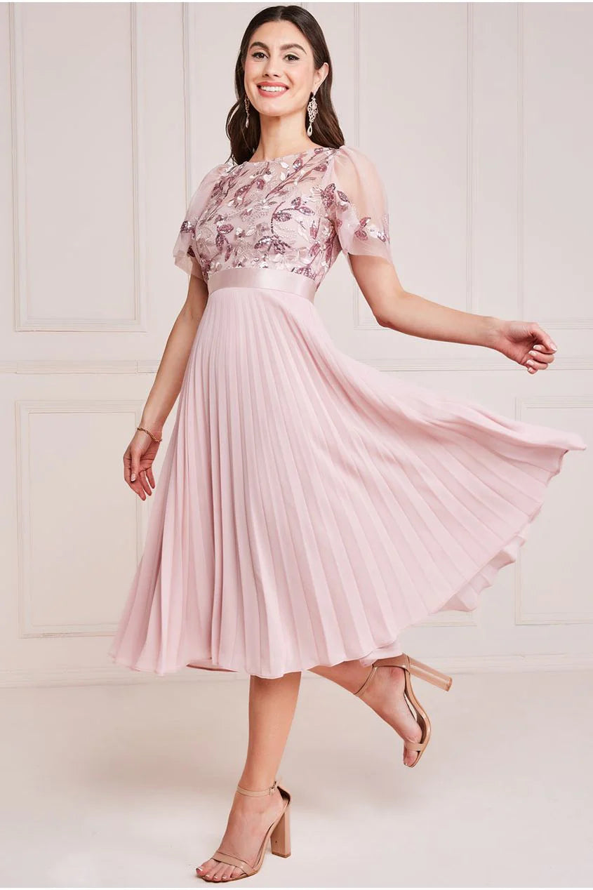 Goddiva Embroidered Top Chiffon Pleated Midi