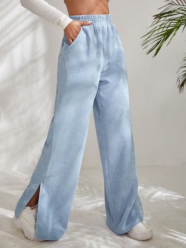 High Waist Solid Corduroy Splice Slit Bottom Pants