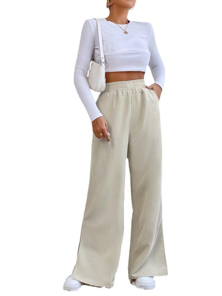 High Waist Solid Corduroy Splice Slit Bottom Pants