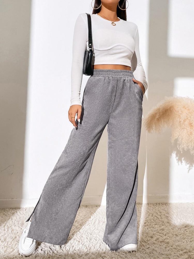 High Waist Solid Corduroy Splice Slit Bottom Pants