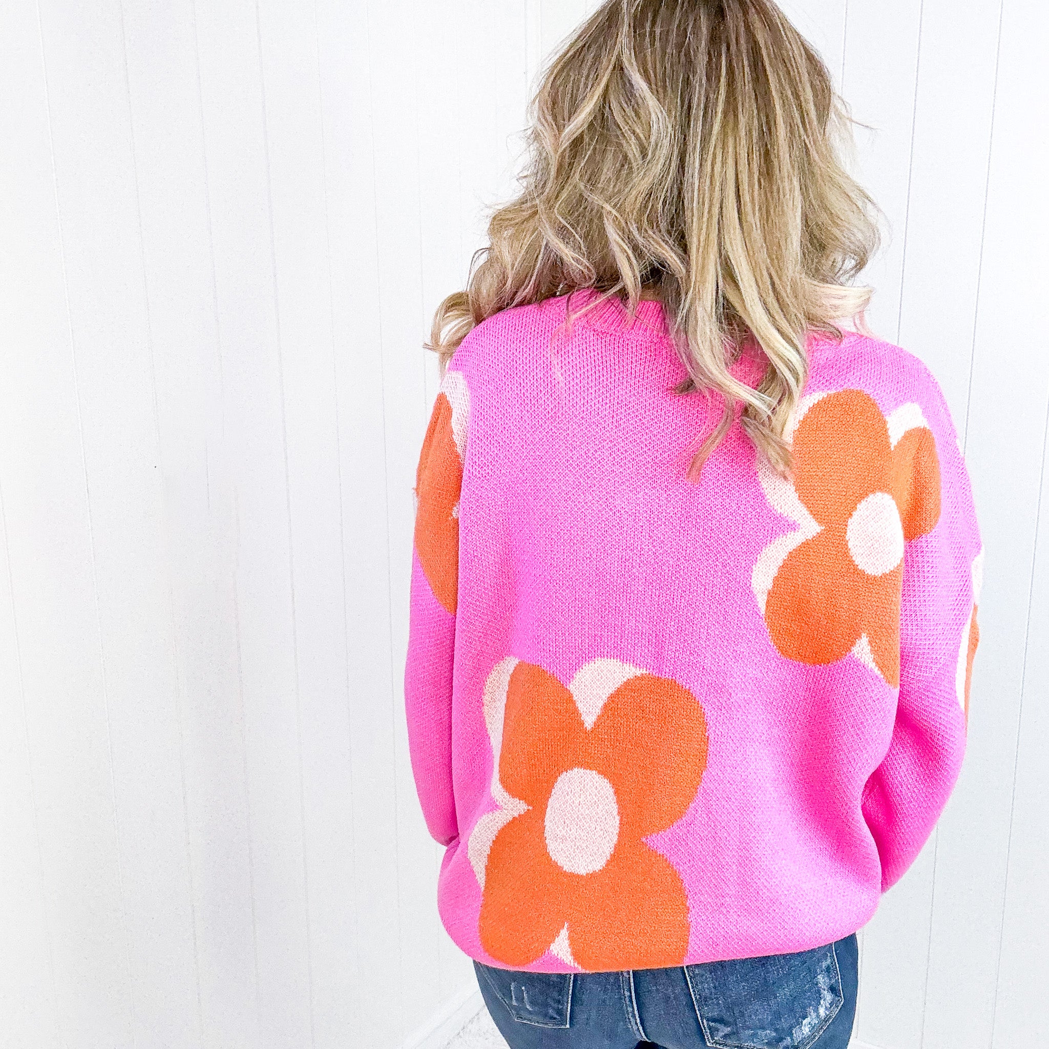 Hot Pink Quietly Bold Mod Orange Floral Sweater