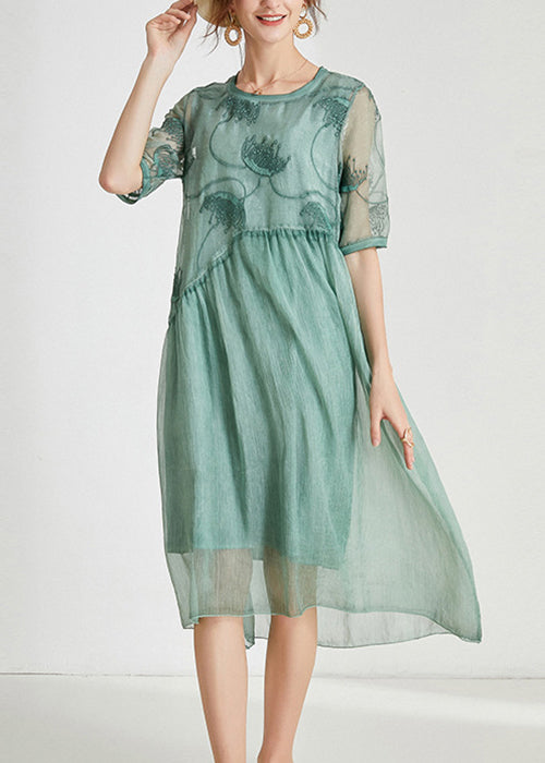 Loose Green Embroidered Patchwork Chiffon Dresses Summer AB1026