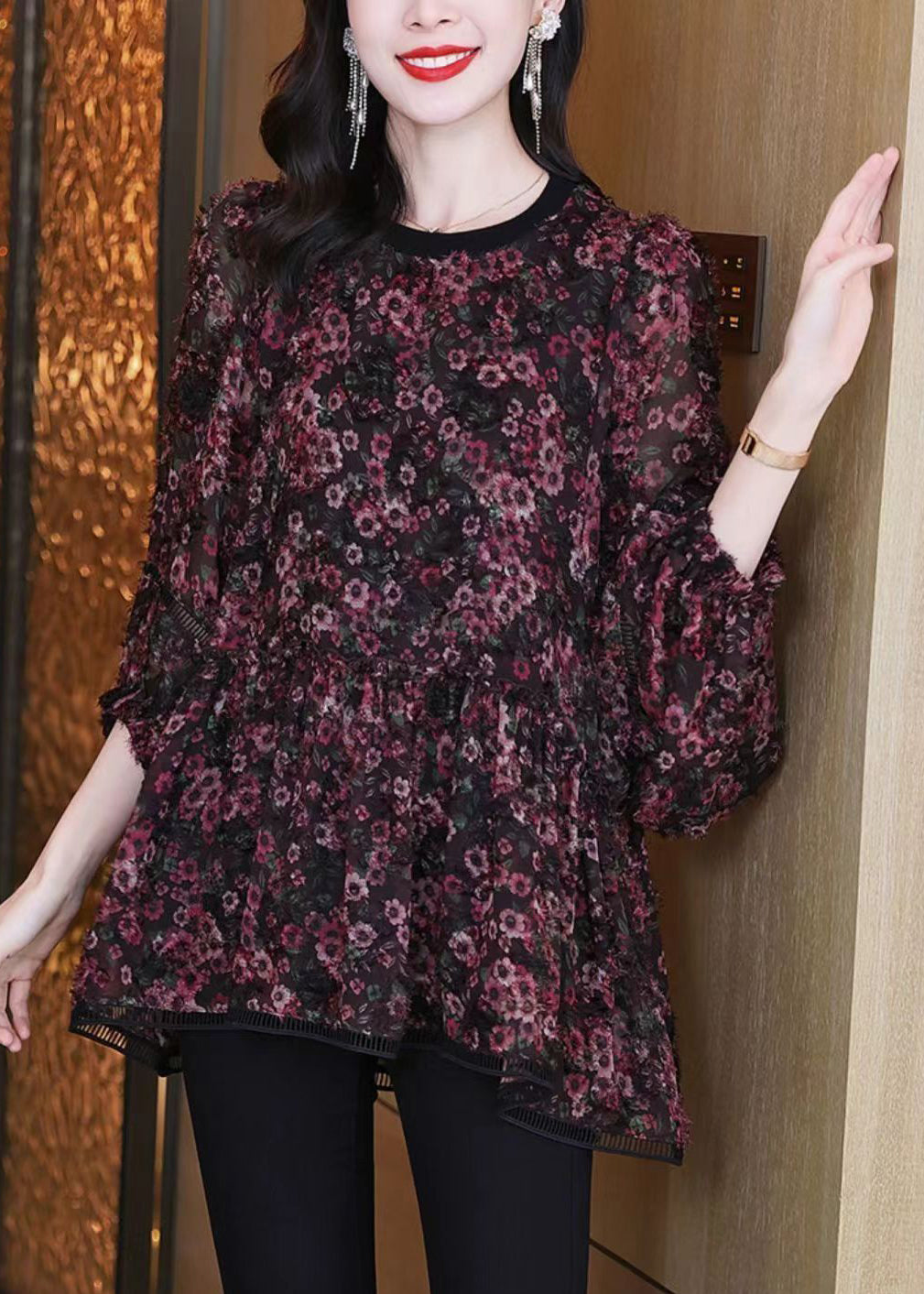 Loose Photo Color O Neck Print Chiffon Shirt Spring QA1076