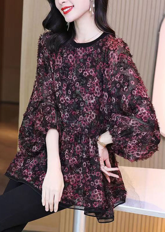 Loose Photo Color O Neck Print Chiffon Shirt Spring QA1076