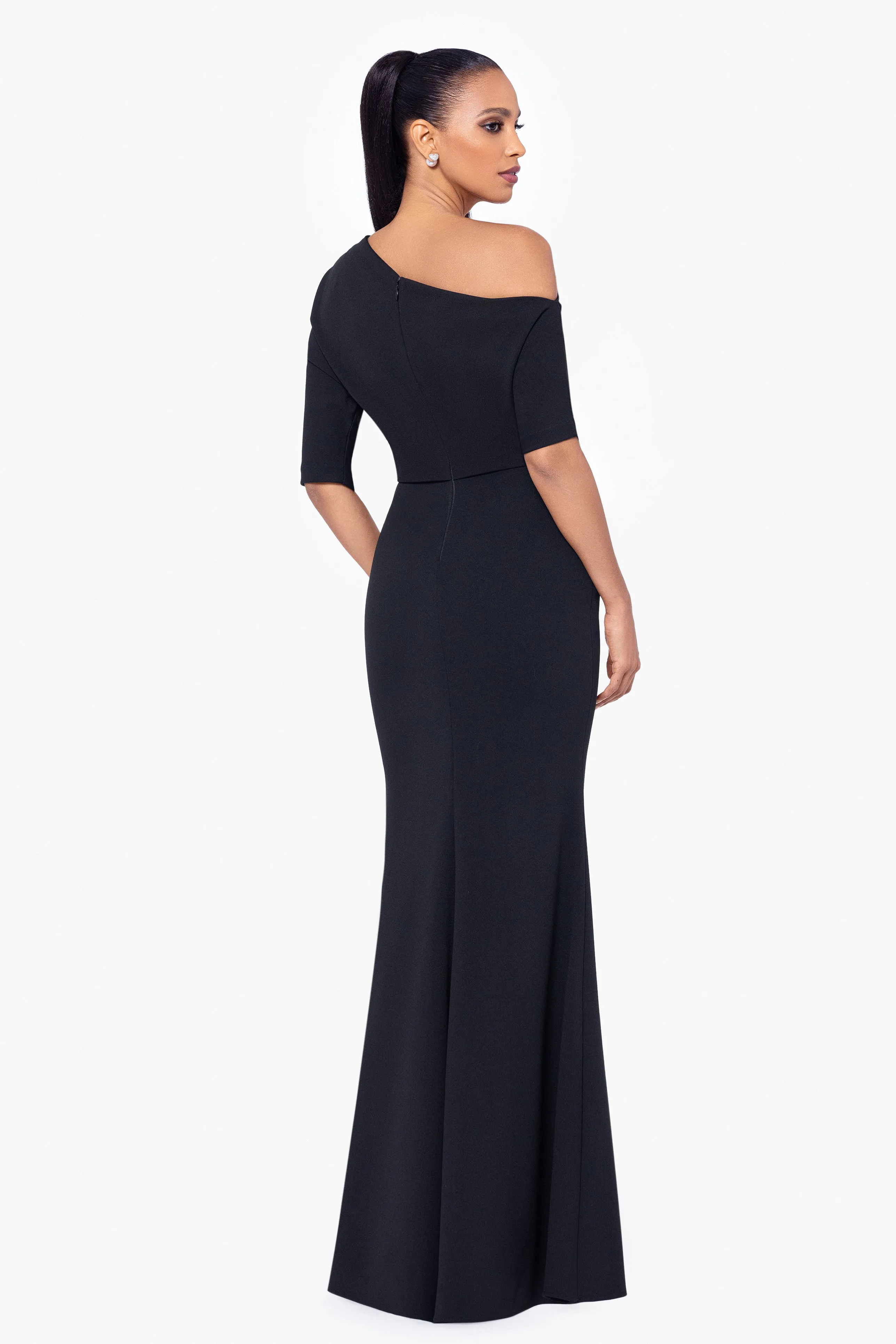 Madeline Long Scuba Crepe Off the Shoulder Drop Dress