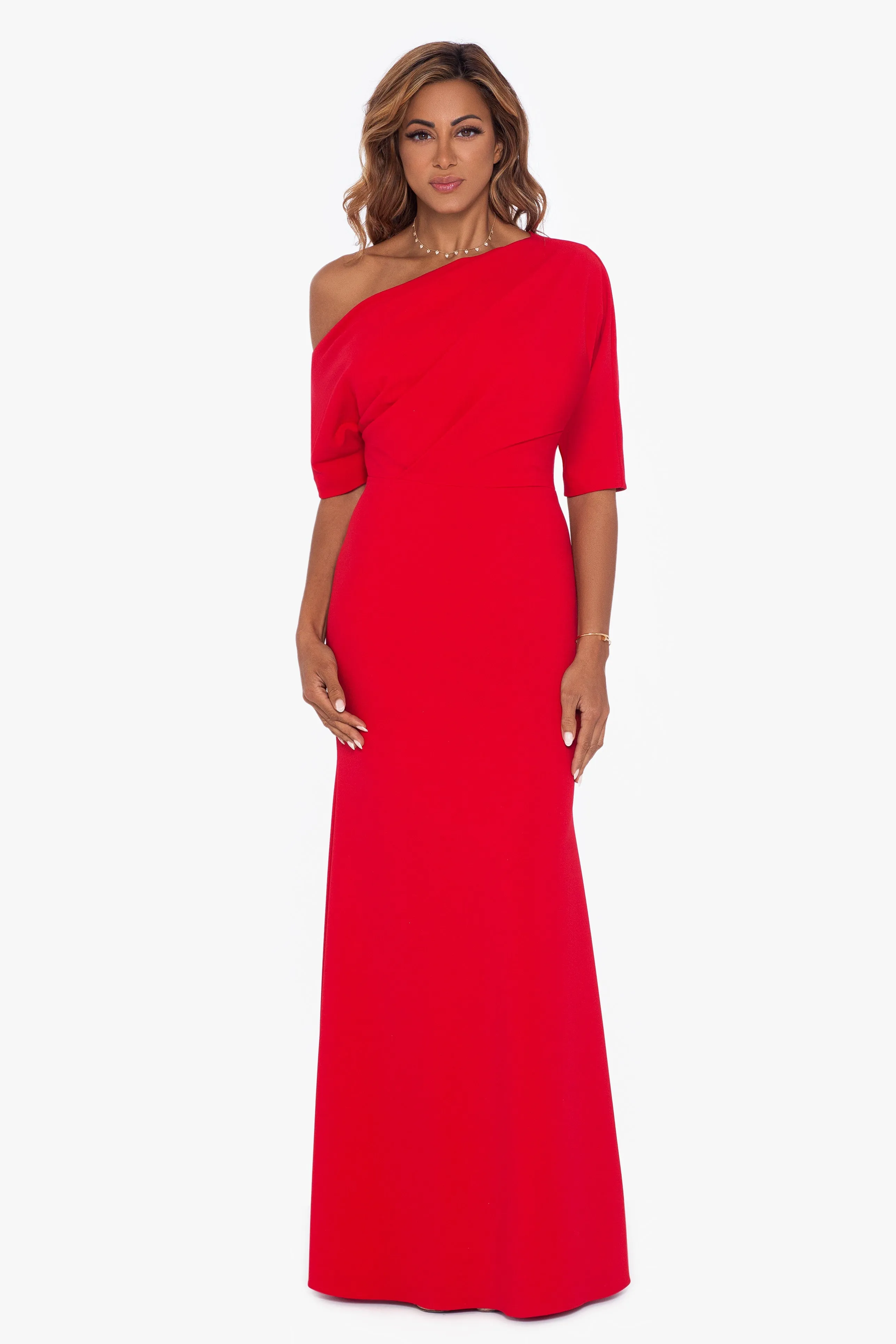 Madeline Long Scuba Crepe Off the Shoulder Drop Dress