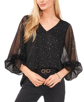 Vince Camuto Women's Sequin Polka Dot Balloon Sleeve Blouse Gray Size Large